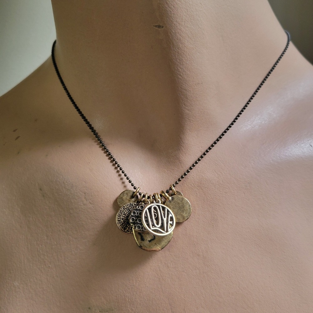 Lucky Brand Boho Mixed Coin Charm Love Necklace Brass Gold Tone 18" - Picture 3 of 6